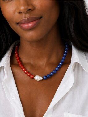 New! Coastal Preppy Red Blue Beaded Pearl Dopamine Necklace NWOT 5066